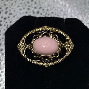 Vintage Oval Pin Brooch Gold Tone Pink Center Floral Estate Find Filigree Etched